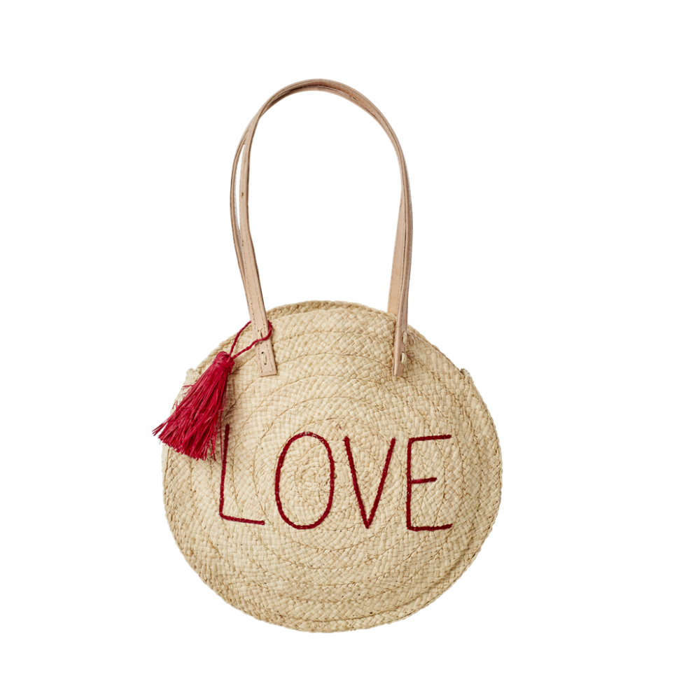 Round Raffia Shoulder Bag LOVE Embroidery Rice DK